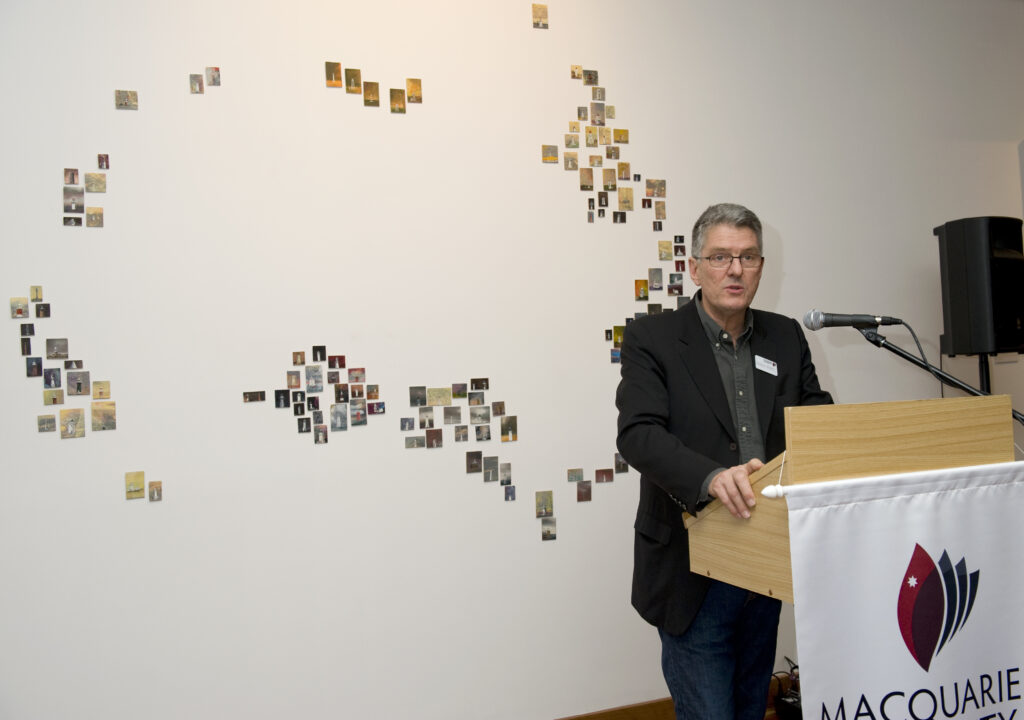 David Marr opening Raft-the Drifting Border at Macquarie University art gallery, Sydney