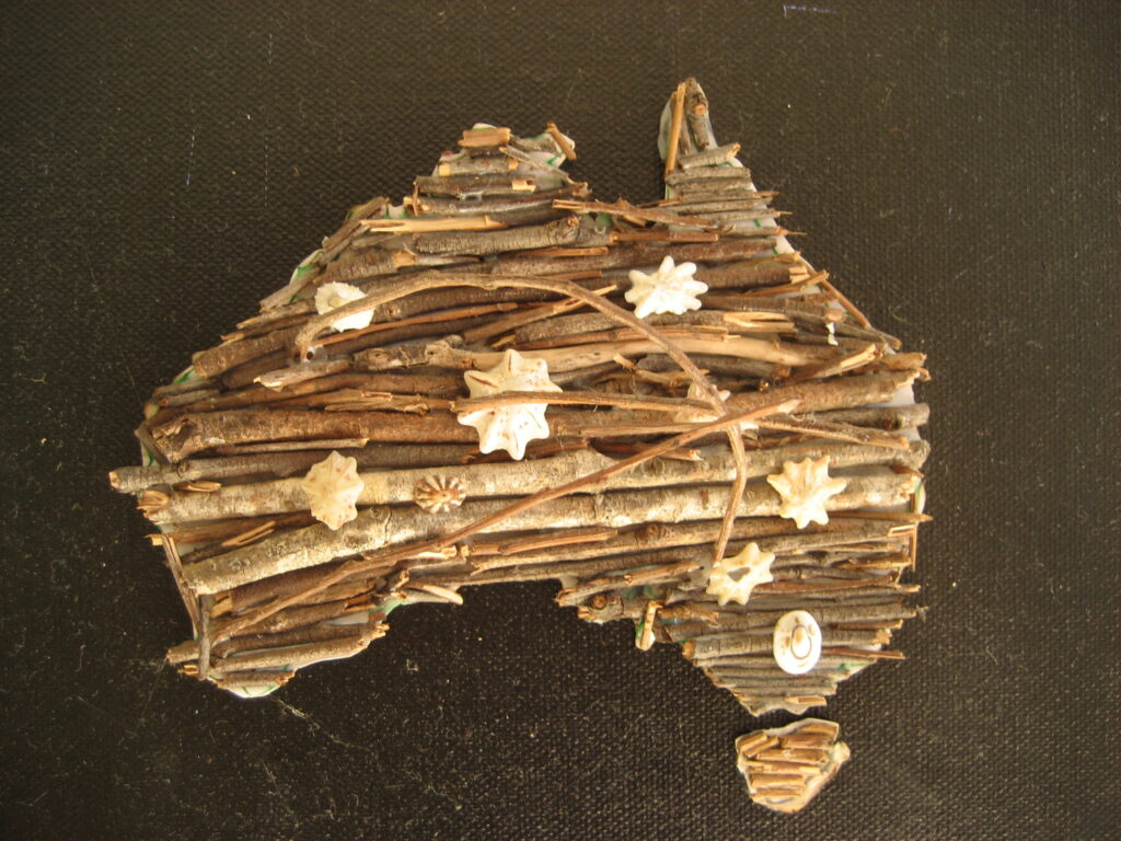 Detail from Aboard, Canvas, twigs and shells, Longitude/Latitude, exhibited at Mount Isa Regional Art Gallery, Australia
